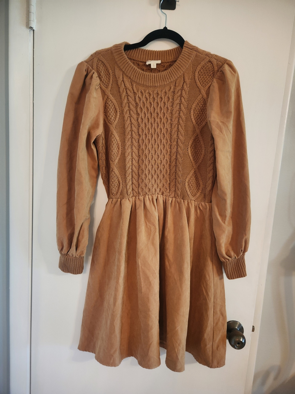 Hem & Thread Cable Knit Bodice Mini Dress in Tan